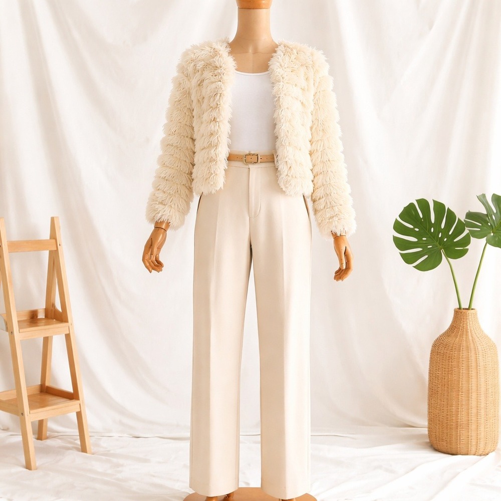 Military Hippie Cream Shaggy Faux Fur Fringe Jacket Med Soft‎ Girl Cozycore Boho